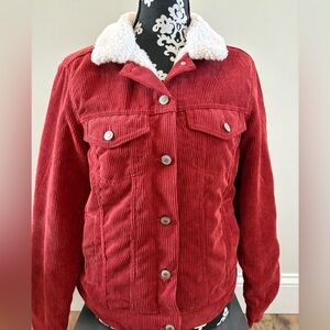 Love Tree Crimson Corduroy Jacket with Cream Sherpa Collar